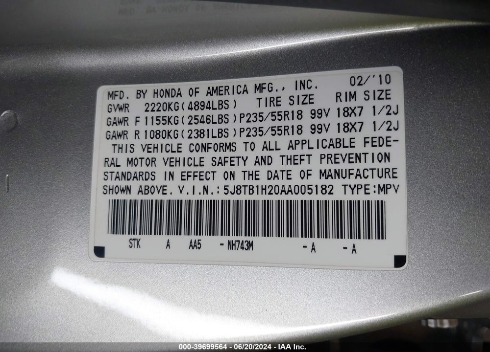 2010 ACURA RDX VIN: 5J8TB1H20AA005182