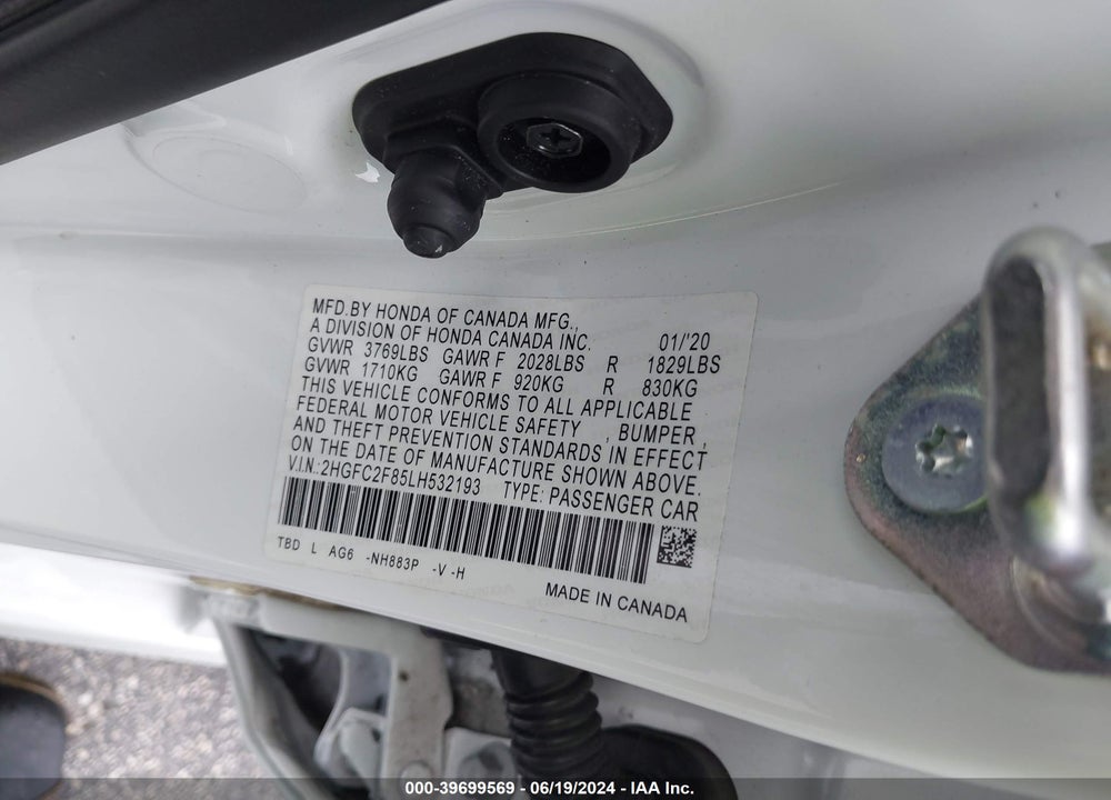 2020 HONDA CIVIC SPORT VIN: 2HGFC2F85LH532193