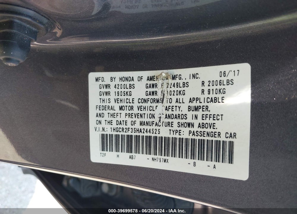 2017 HONDA ACCORD LX VIN: 1HGCR2F35HA244525