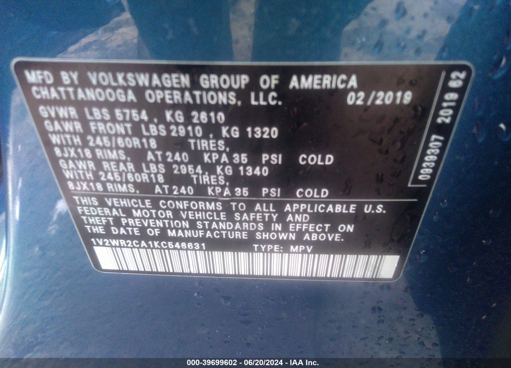 2019 VOLKSWAGEN ATLAS 3.6L V6 SE W/TECHNOLOGY VIN: 1V2WR2CA1KC546631