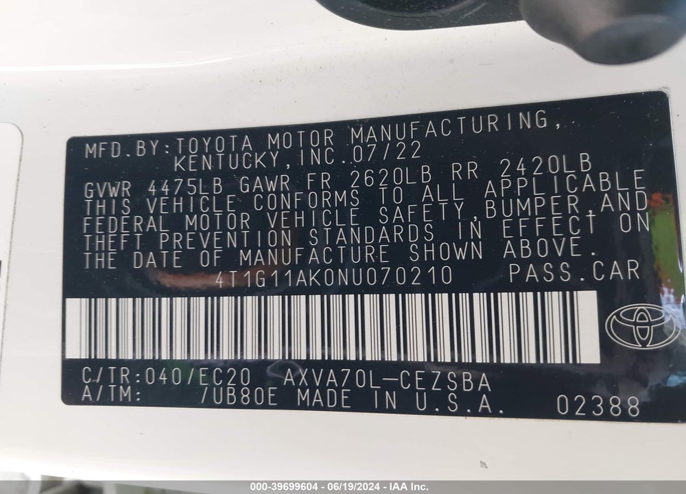 2022 TOYOTA CAMRY SE NIGHTSHADE EDITION VIN: 4T1G11AK0NU070210