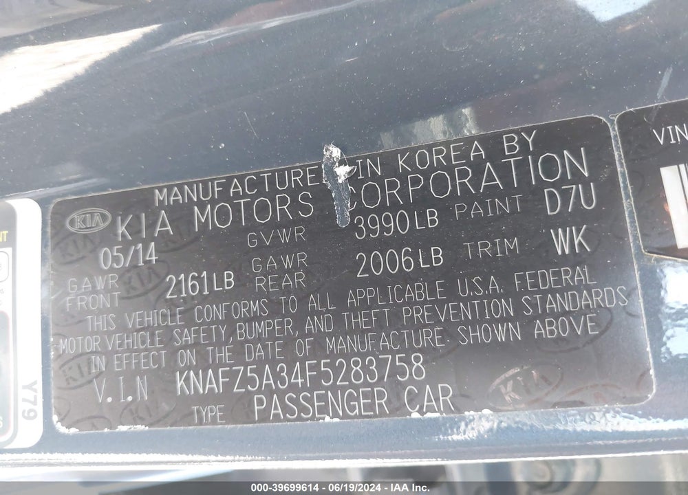 2015 KIA FORTE SX VIN: KNAFZ5A34F5283758