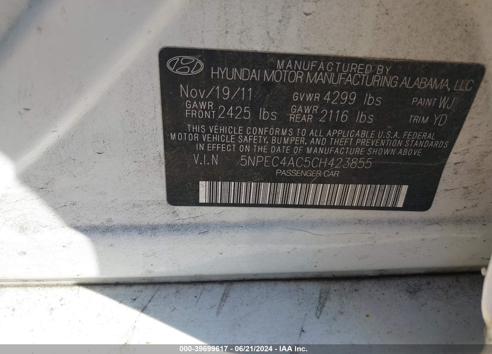 2012 HYUNDAI SONATA LIMITED VIN: 5NPEC4AC5CH423855
