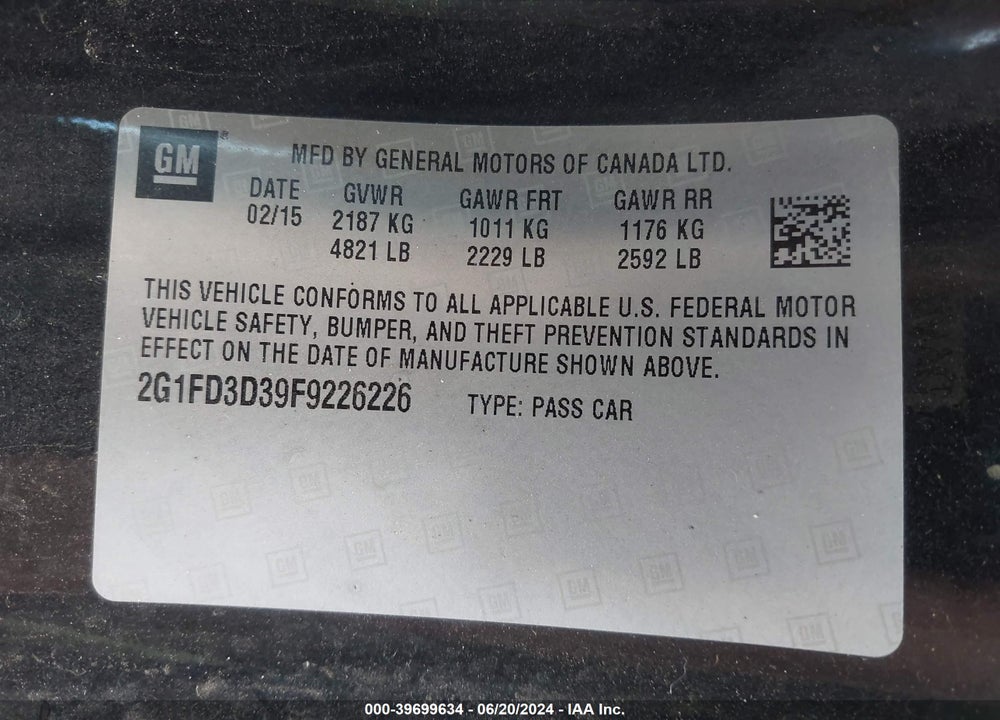 2015 CHEVROLET CAMARO 1LT VIN: 2G1FD3D39F9226226