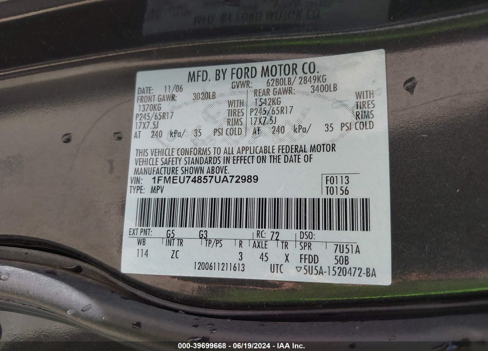 2007 FORD EXPLORER EDDIE BAUER VIN: 1FMEU74857UA72989