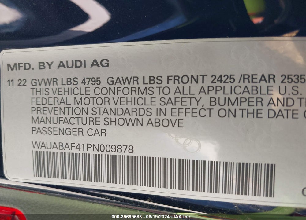 2023 AUDI A4 PREMIUM 40 TFSI QUATTRO S TRONIC VIN: WAUABAF41PN009878