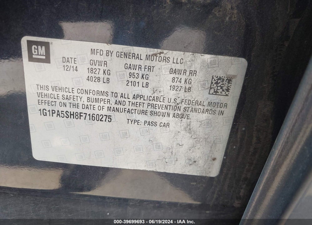 2015 CHEVROLET CRUZE LS AUTO VIN: 1G1PA5SH8F7160275