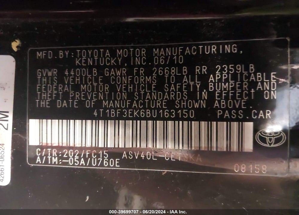 2011 TOYOTA CAMRY SE VIN: 4T1BF3EK6BU163150