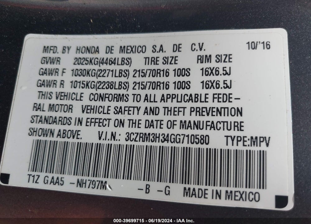 2016 HONDA CR-V LX VIN: 3CZRM3H34GG710580