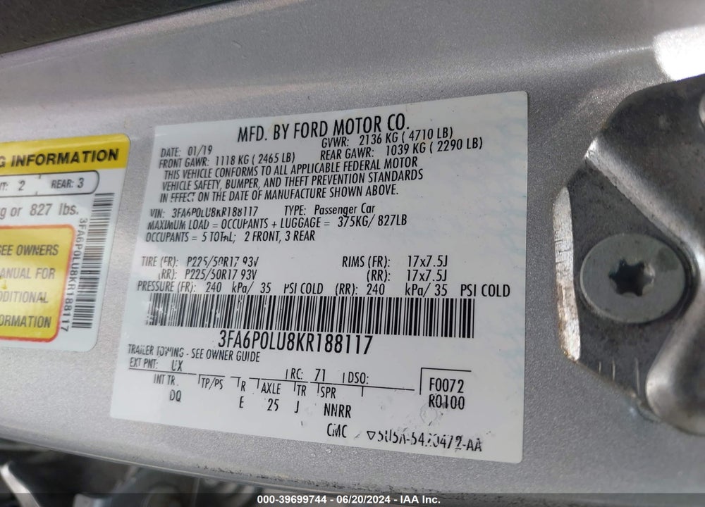 2019 FORD FUSION HYBRID SE VIN: 3FA6P0LU8KR188117