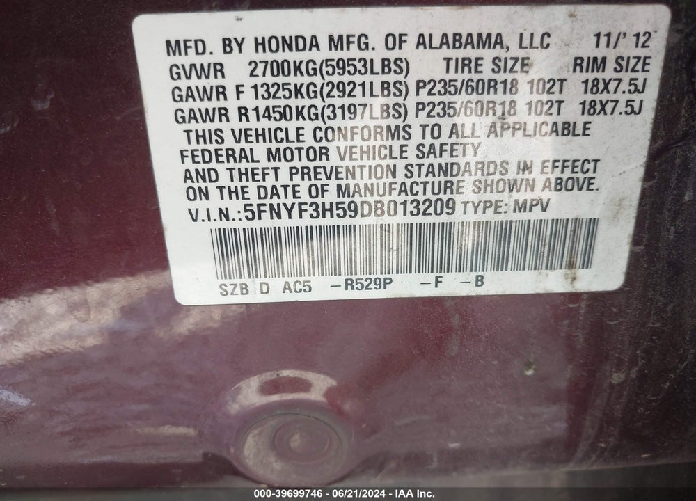 2013 HONDA PILOT VIN: 5FNYF3H59DB013209