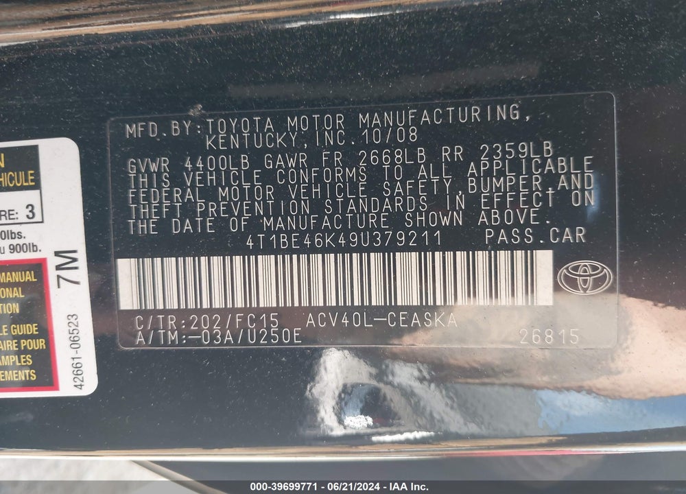 2009 TOYOTA CAMRY SE VIN: 4T1BE46K49U379211