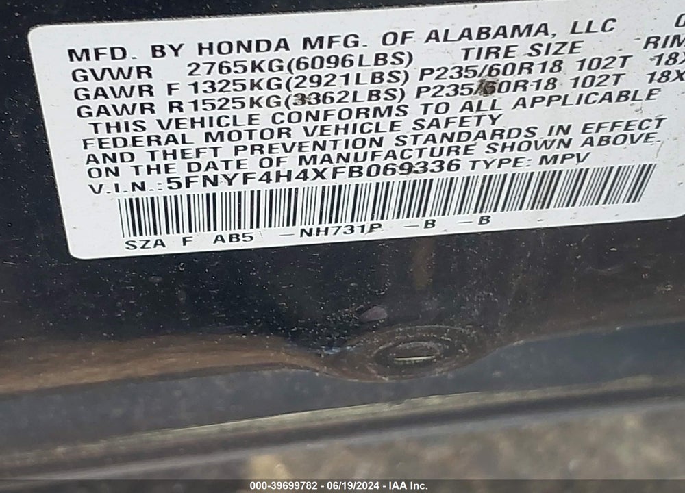 2015 HONDA PILOT EX VIN: 5FNYF4H4XFB069336