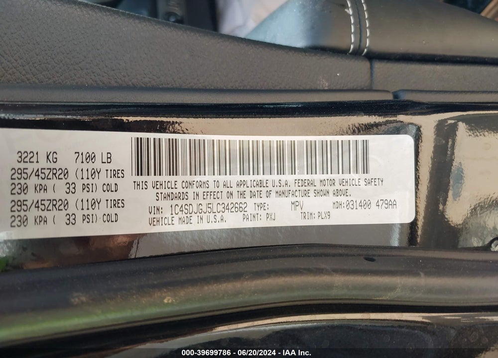2020 DODGE DURANGO SRT AWD VIN: 1C4SDJGJ5LC342662