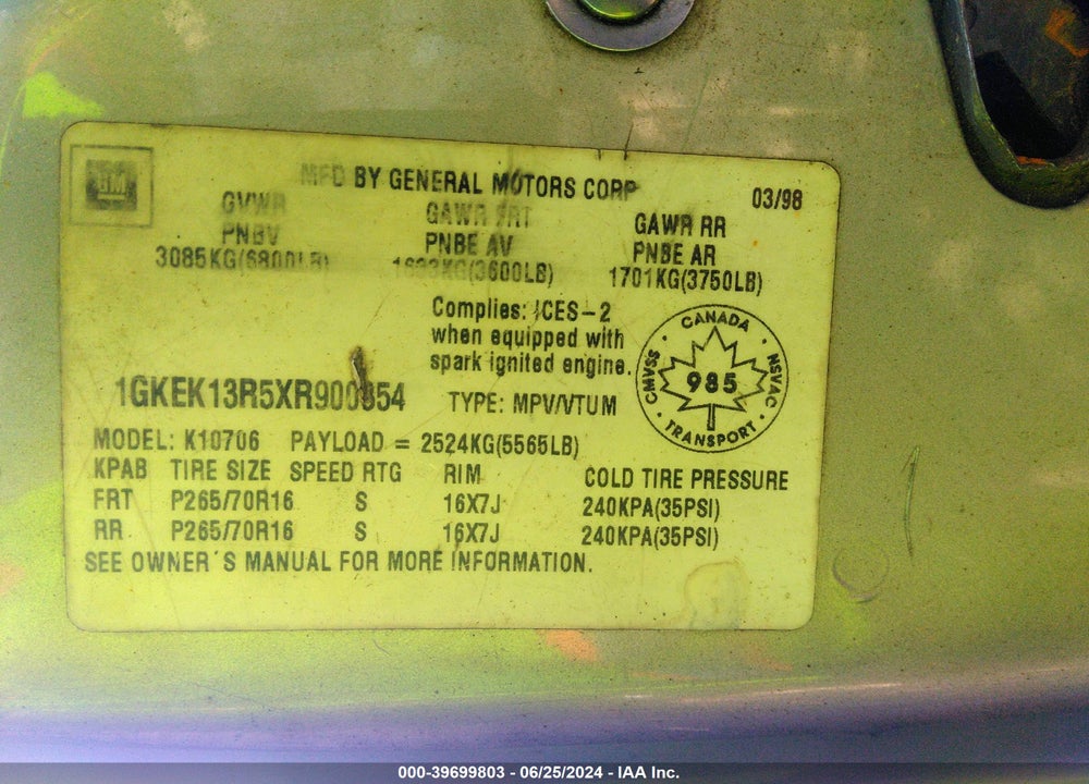 1999 GMC YUKON DENALI VIN: 1GKEK13R5XR900354