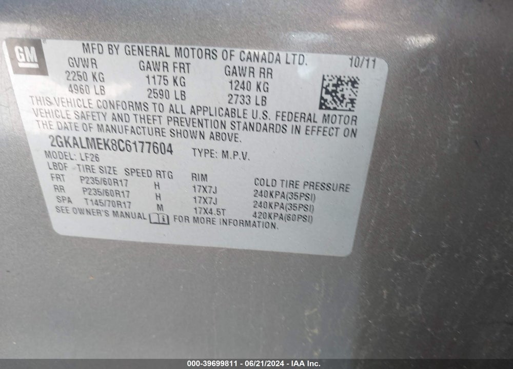 2012 GMC TERRAIN SLE-1 VIN: 2GKALMEK8C6177604