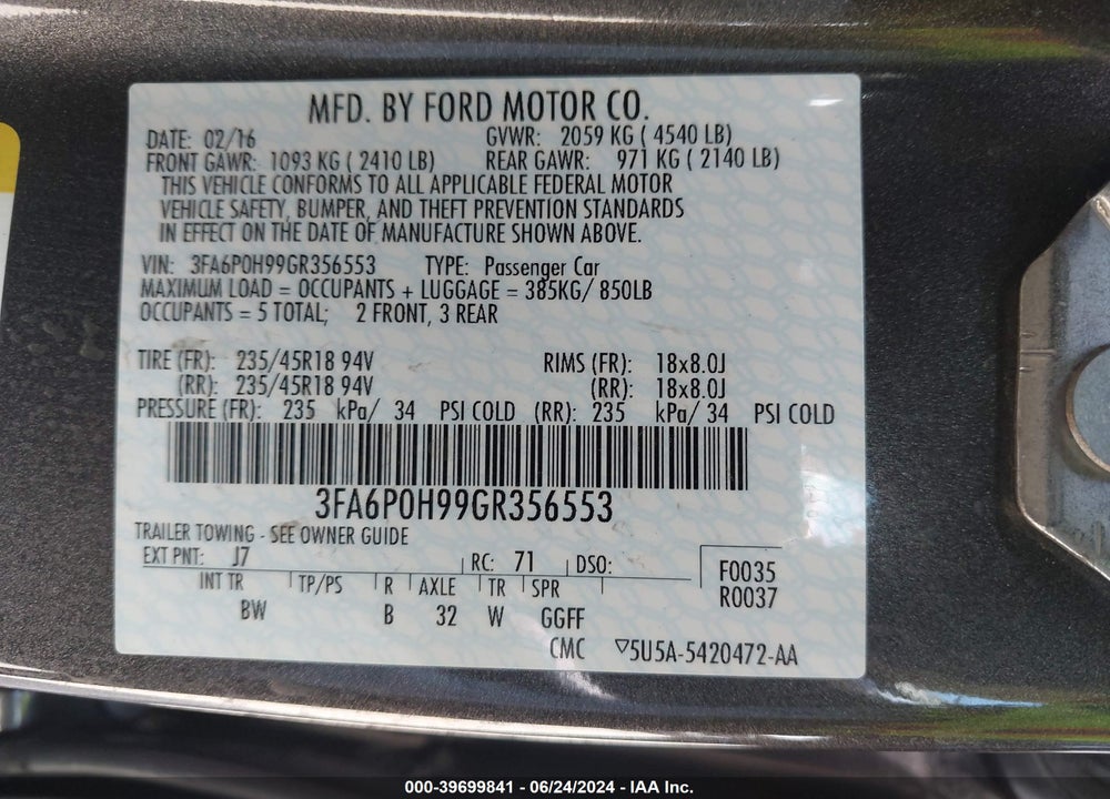 2016 FORD FUSION SE VIN: 3FA6P0H99GR356553