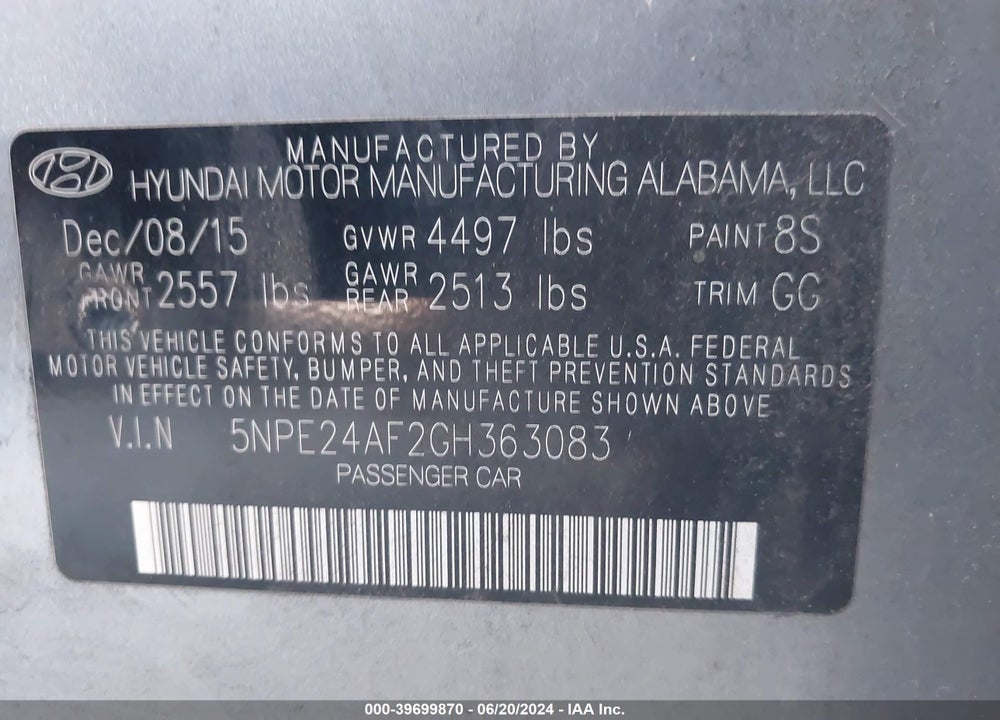 2016 HYUNDAI SONATA SE VIN: 5NPE24AF2GH363083