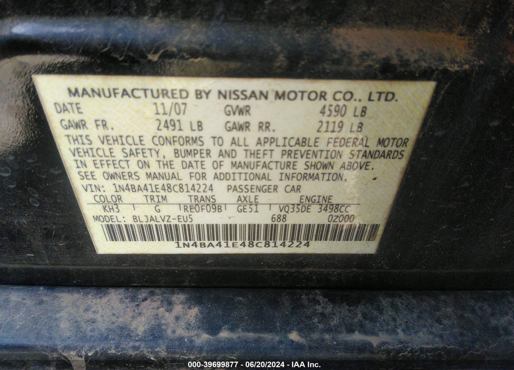 2008 NISSAN MAXIMA 3.5 SE VIN: 1N4BA41E48C814224