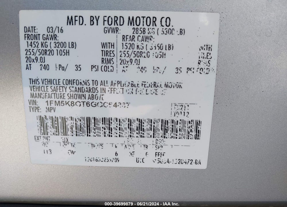 2016 FORD EXPLORER SPORT VIN: 1FM5K8GT6GGC64867