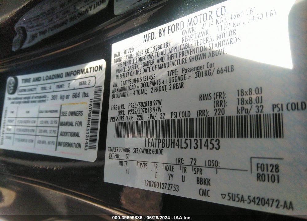 2020 FORD MUSTANG ECOBOOST PREMIUM VIN: 1FATP8UH4L5131453