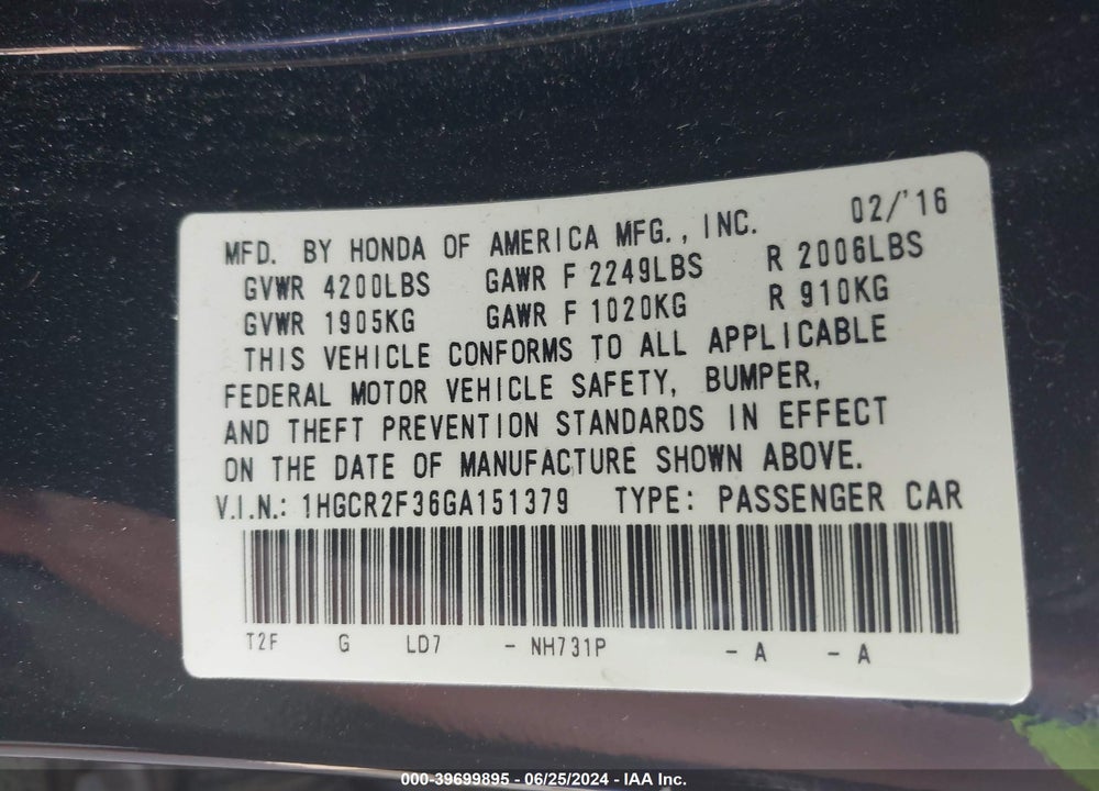 2016 HONDA ACCORD LX VIN: 1HGCR2F36GA151379