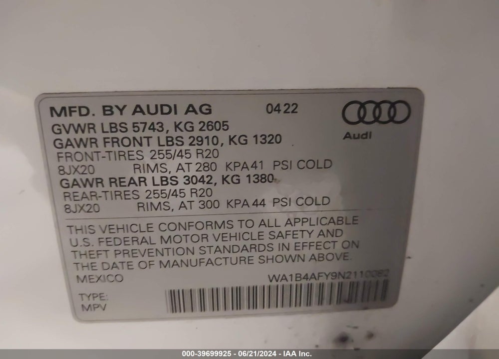 2022 AUDI SQ5 PREMIUM PLUS TFSI QUATTRO TIPTRONIC VIN: WA1B4AFY9N2110082