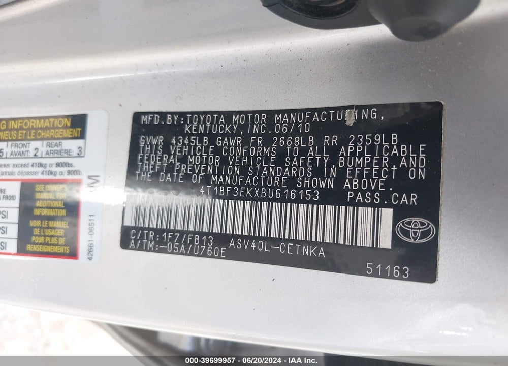 2011 TOYOTA CAMRY LE VIN: 4T1BF3EKXBU616153