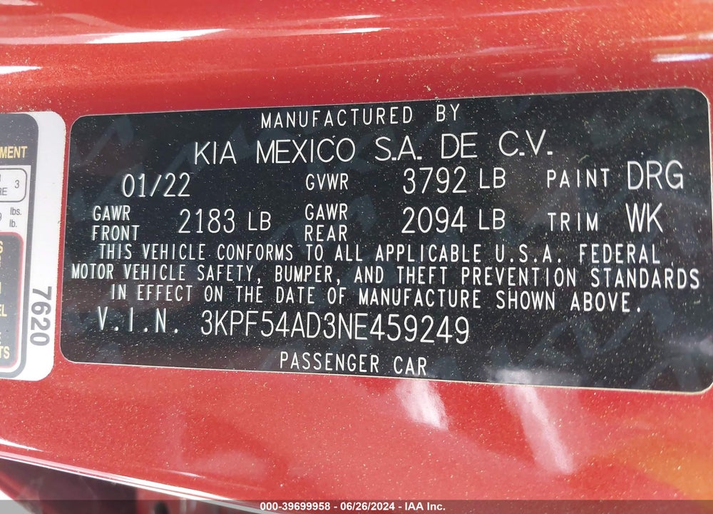 2022 KIA FORTE VIN: 3KPF54AD3NE459249