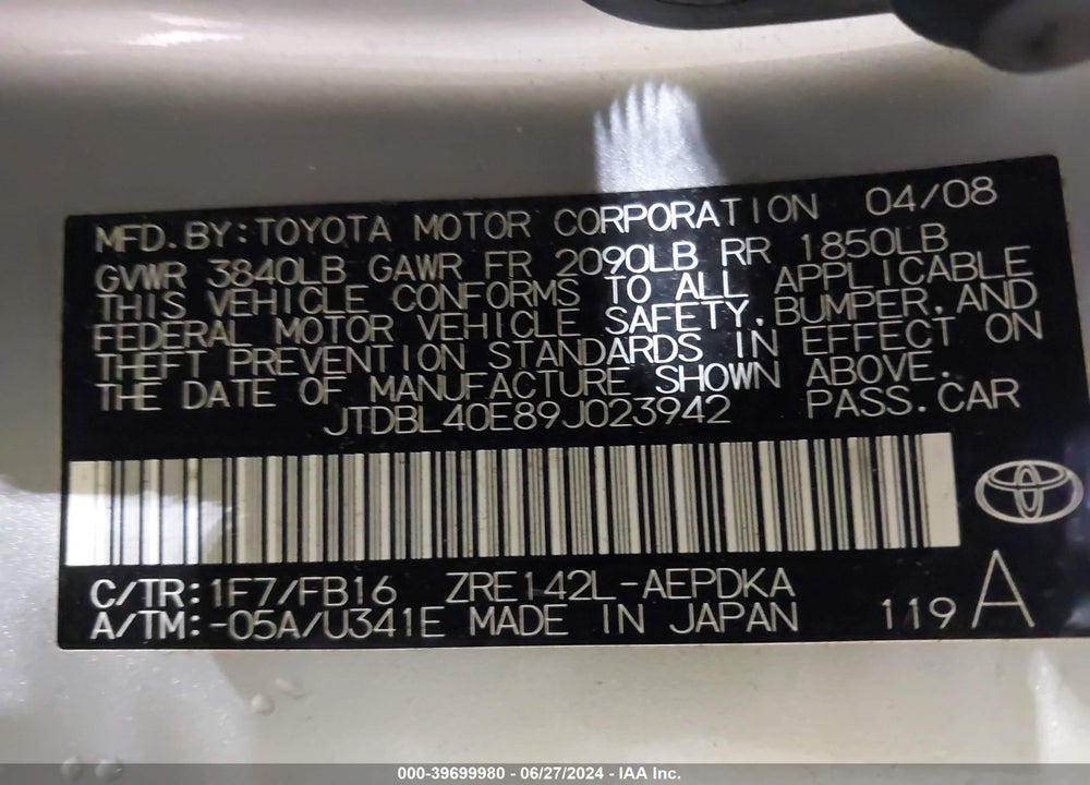 2009 TOYOTA COROLLA LE VIN: JTDBL40E89J023942