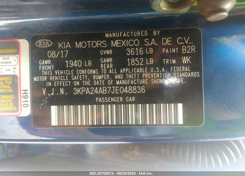 2018 KIA RIO S VIN: 3KPA24AB7JE048836
