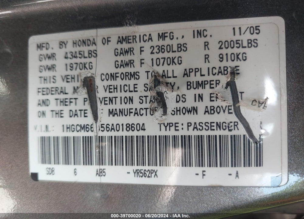 2006 HONDA ACCORD 3.0 EX VIN: 1HGCM66556A018604