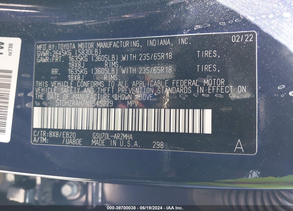 2022 TOYOTA HIGHLANDER XLE VIN: 5TDHZRAH7NS545229