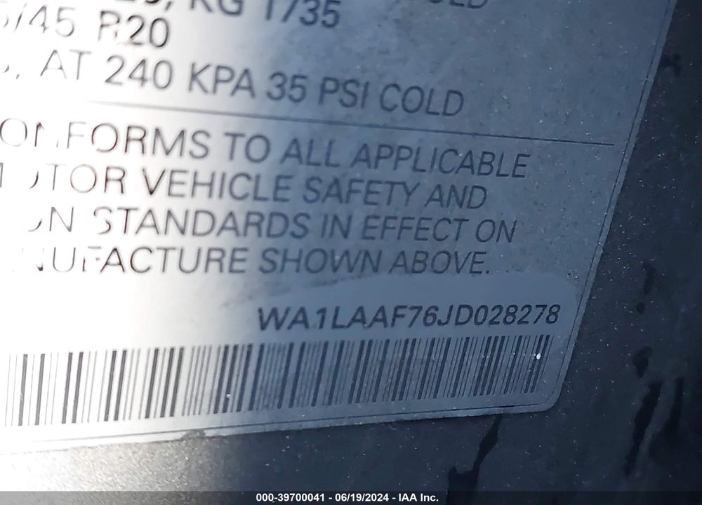 2018 AUDI Q7 3.0T PREMIUM VIN: WA1LAAF76JD028278
