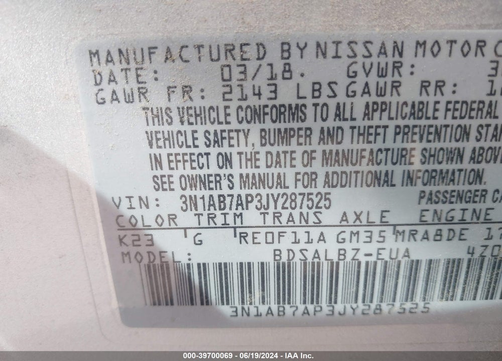 2018 NISSAN SENTRA S VIN: 3N1AB7AP3JY287525