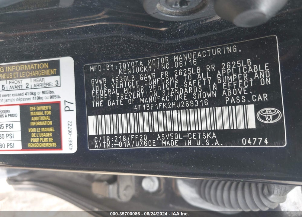 2017 TOYOTA CAMRY SE VIN: 4T1BF1FK2HU269316