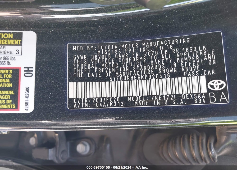2019 TOYOTA COROLLA SE VIN: 5YFBURHE6KP920516