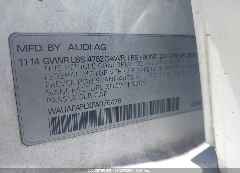 2015 AUDI A4 VIN: WAUAFAFLXFA076478