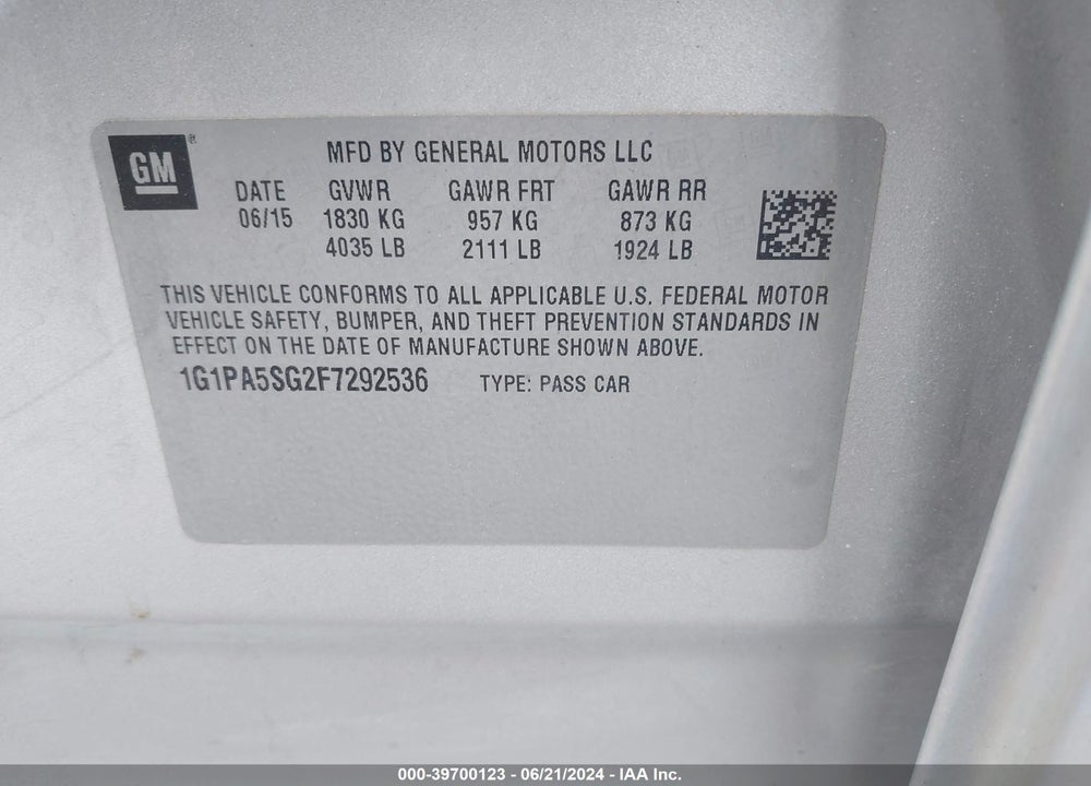 2015 CHEVROLET CRUZE LS AUTO VIN: 1G1PA5SG2F7292536