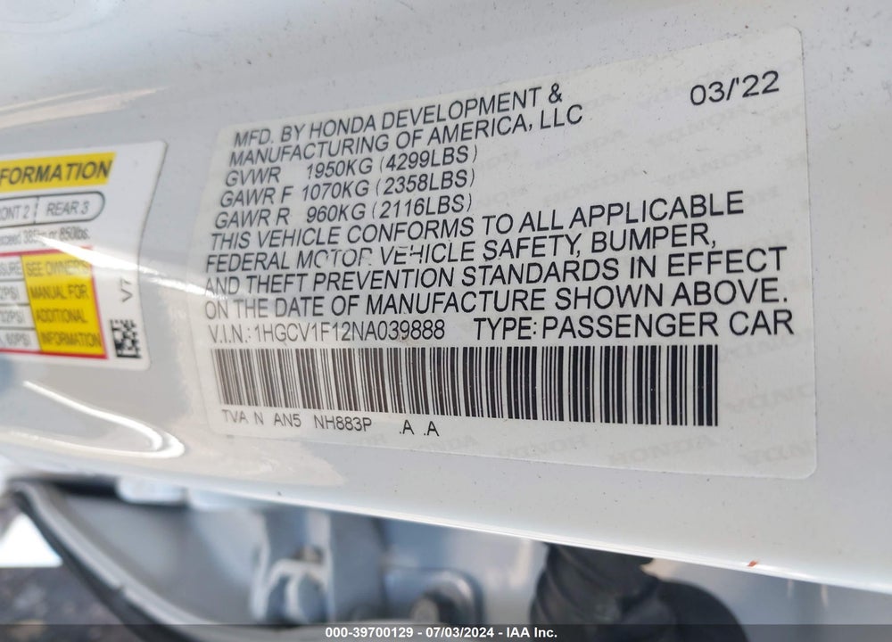 2022 HONDA ACCORD LX VIN: 1HGCV1F12NA039888