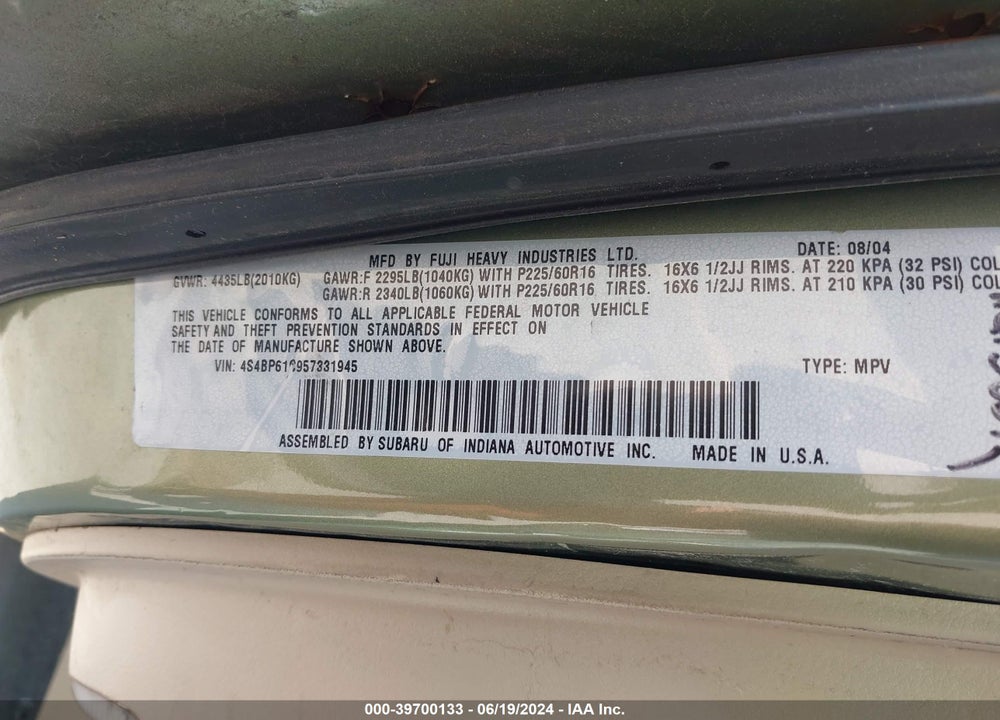 2005 SUBARU OUTBACK 2.5I VIN: 4S4BP61C957331945
