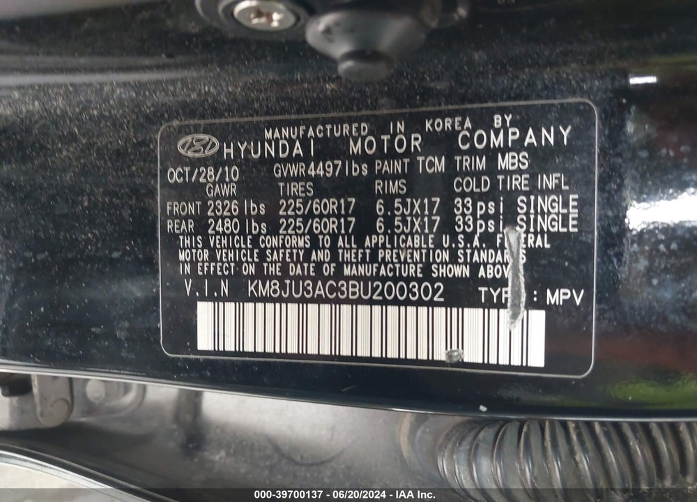 2011 HYUNDAI TUCSON GLS VIN: KM8JU3AC3BU200302