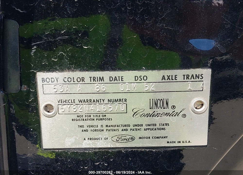1965 LINCOLN CONTINENTA VIN: 5Y82N416570