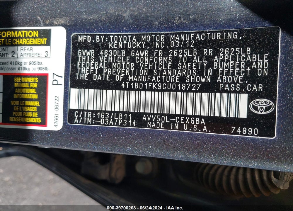 2012 TOYOTA CAMRY HYBRID XLE VIN: 4T1BD1FK9CU018727