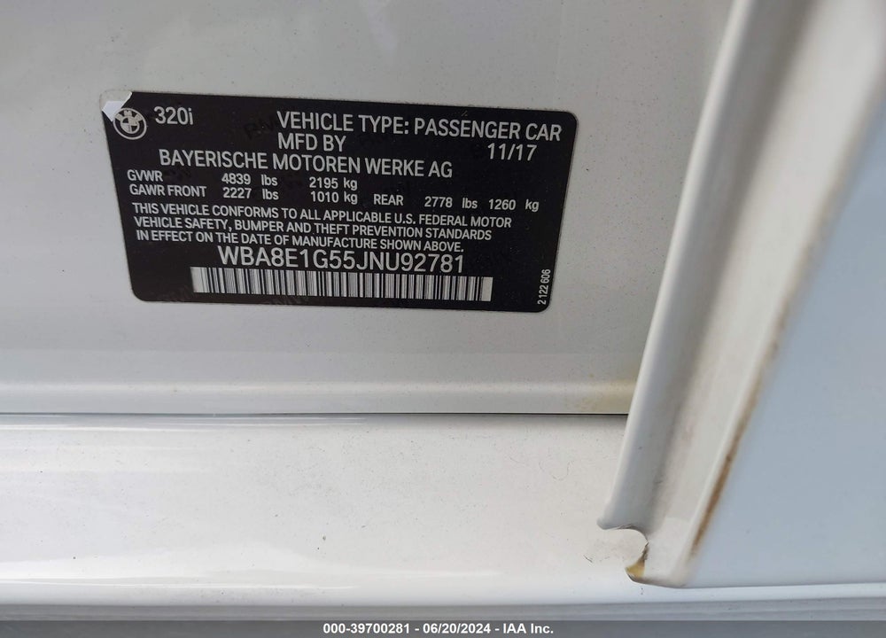 2018 BMW 320I VIN: WBA8E1G55JNU92781