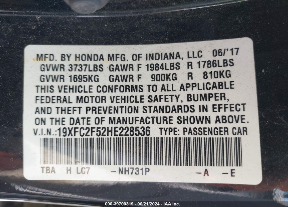 2017 HONDA CIVIC LX VIN: 19XFC2F52HE228536