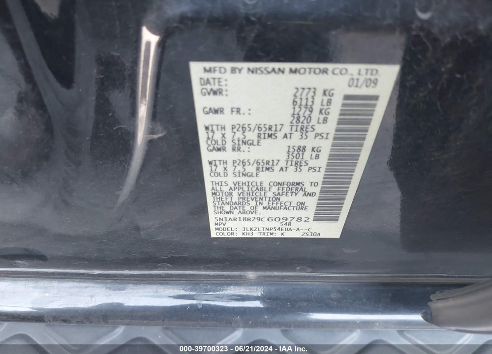 2009 NISSAN PATHFINDER SE VIN: 5N1AR18B29C609782