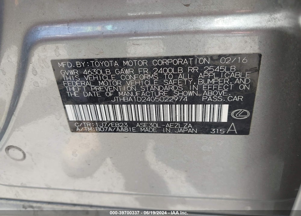 2016 LEXUS IS 200T VIN: JTHBA1D24G5022974
