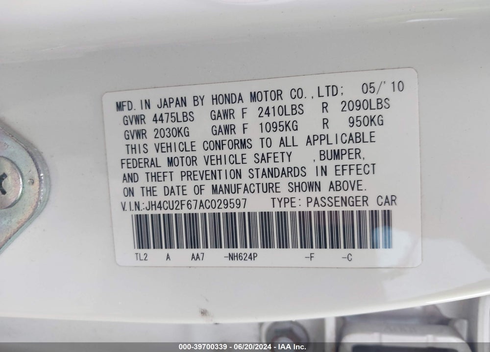 2010 ACURA TSX 2.4 VIN: JH4CU2F67AC029597
