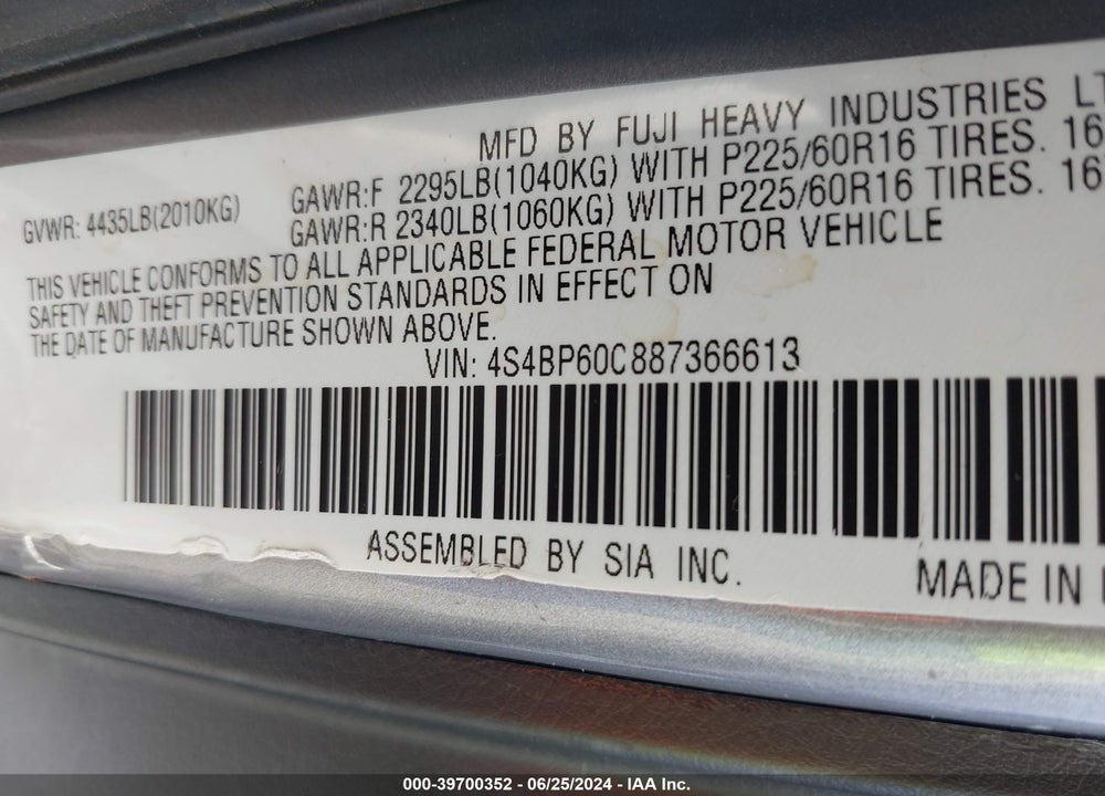 2008 SUBARU OUTBACK VIN: 4S4BP60C887366613